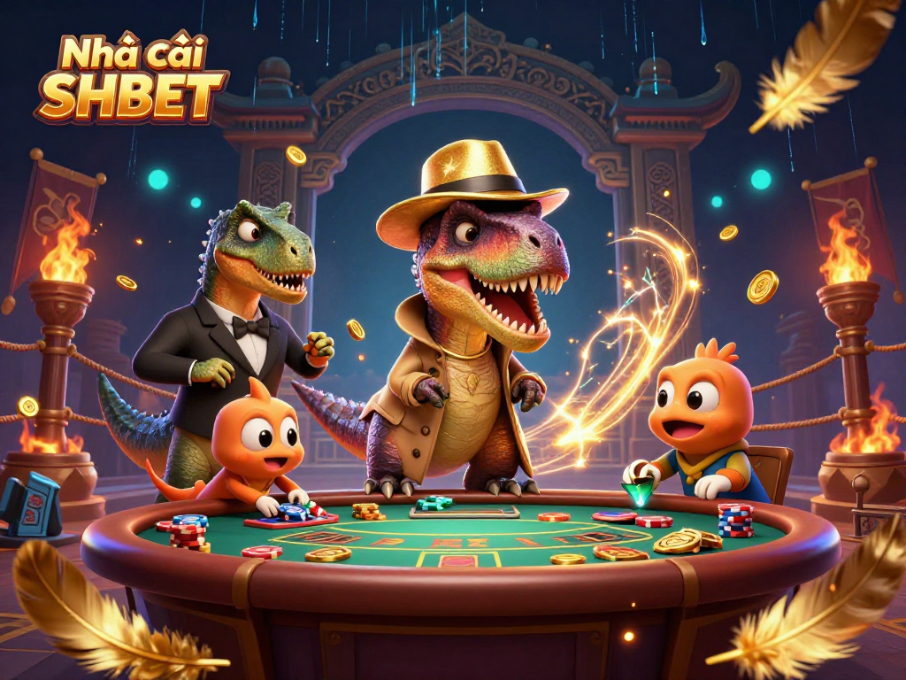 Engage with Nhà cái SHBET at a blackjack table, featuring a velociraptor counter and lively casino atmosphere.
