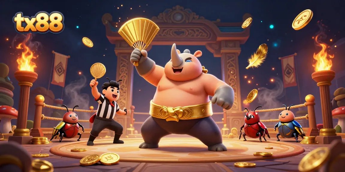 Bet on tx88 with an exhilarating scene of a rhinoceros beetle sumo champion amidst flying coins.