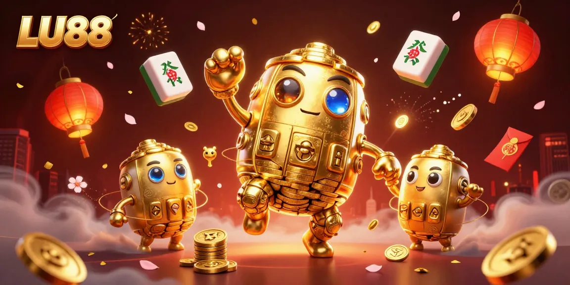 LU88 offers thrilling slots in a vibrant 3D casino scene filled with coins and symbols.