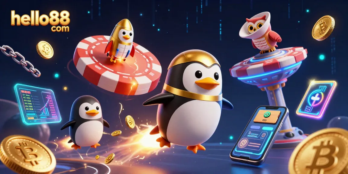 Join the excitement at hello88 com with a rocket-powered penguin soaring toward a giant poker chip, surrounded by Bitcoin coins.