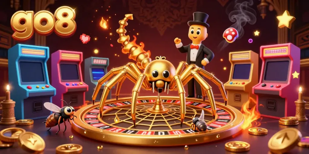 Experience the engaging world of go8 as the golden spider spins its roulette web while characters interact with vibrant gaming elements.
