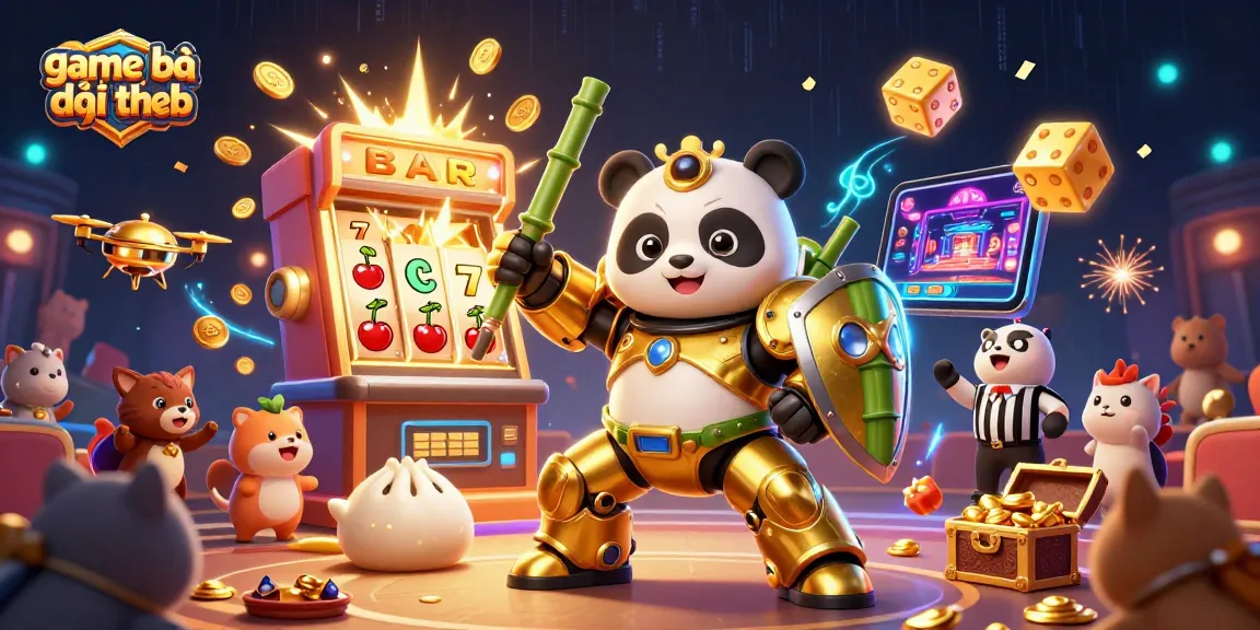 Experience thrilling game bài đổi thưởng action with a golden panda mech-suit in an explosive casino scene.