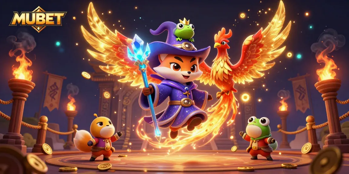 Experience thrilling casino adventures with MUBET in a vibrant 3D illustration featuring magical characters and dynamic game elements.