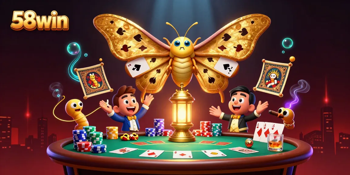 Experience exciting poker action with 58win in a vibrant casino scene featuring classic games and charming characters.