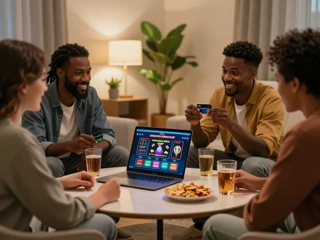 Friends enjoying gaming night at home with laptops showing casinos that accept credit card