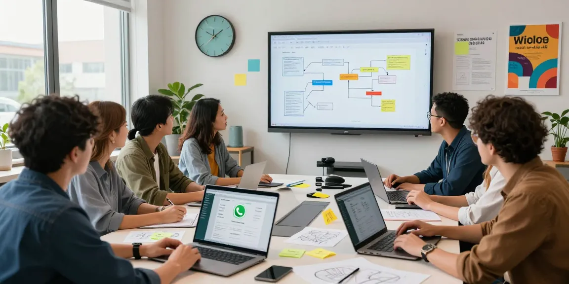 Professionals collaborating in a vibrant workspace showcasing WhatsApp網頁版, emphasizing teamwork and digital connectivity.