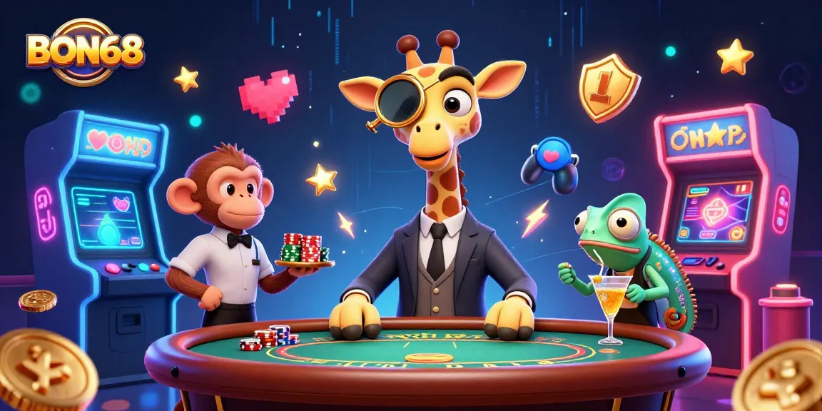 Engage with BON68's vibrant gaming world featuring a high-roller giraffe and lively characters.