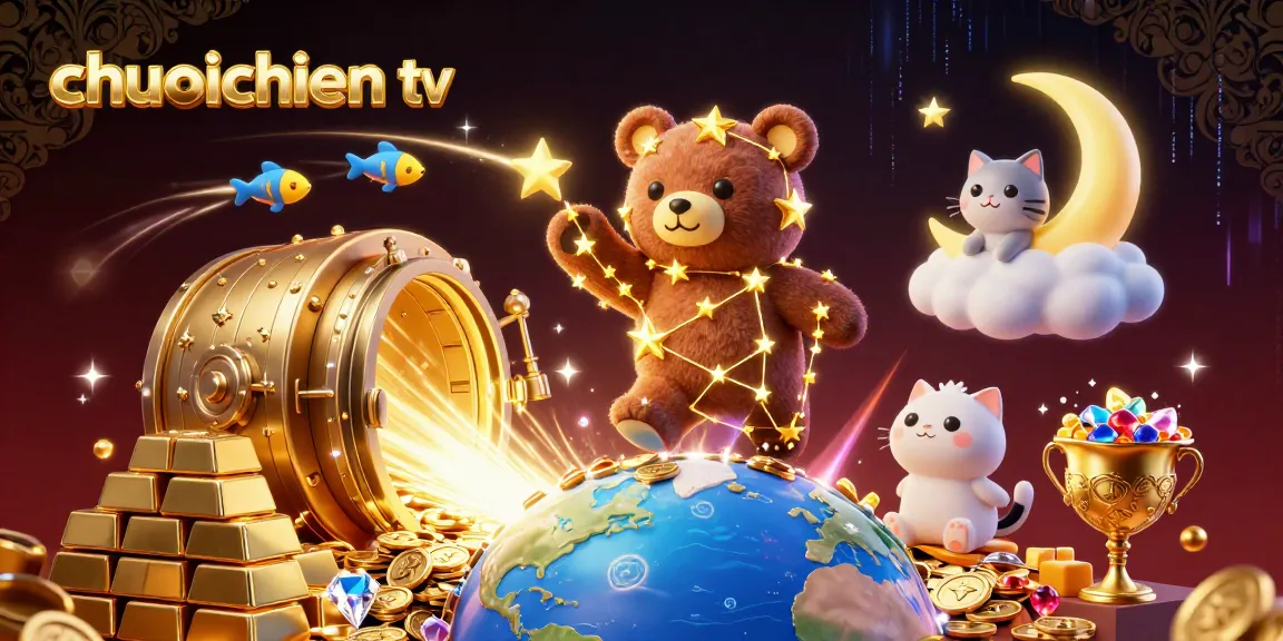 Cheerful characters from chuoichien tv interact in a vibrant casino-themed scene filled with treasures and excitement.