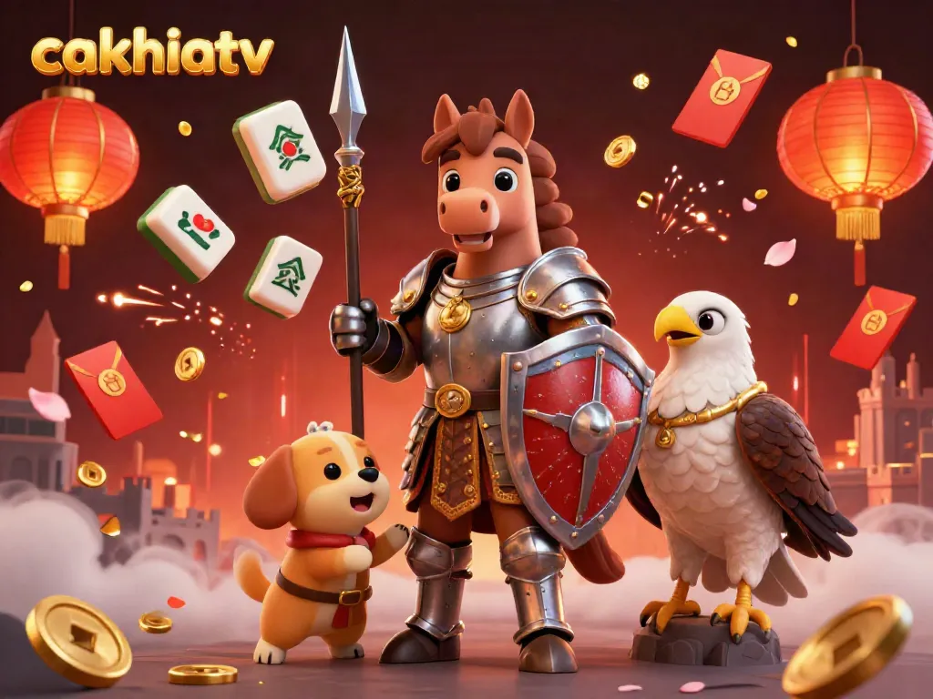 Cakhiatv showcases a vibrant scene with a knight, puppy, and falcon amid festive gambling-themed elements.