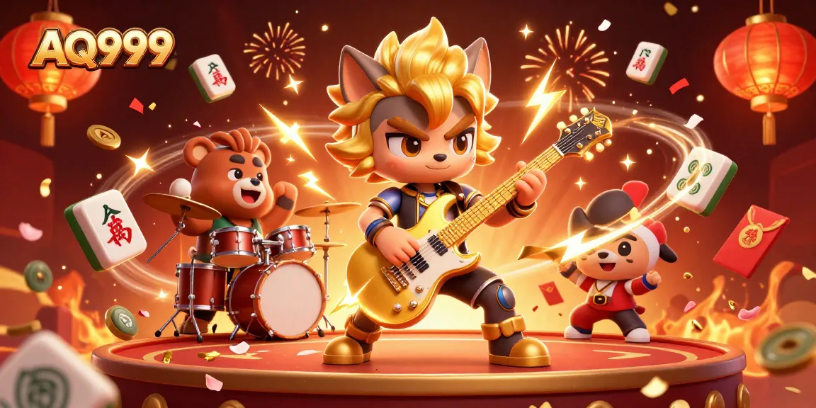 AQ999 gaming scene with a rock star wolf and drummer bear surrounded by colorful gambling elements.