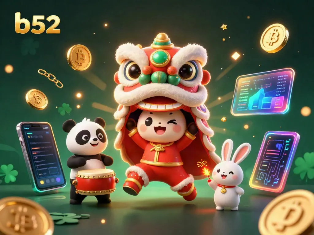Join the excitement at b52 with festive characters and crypto elements in this vibrant casino scene.