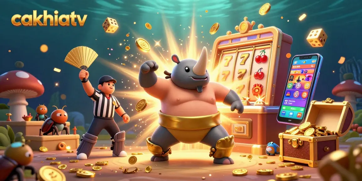 Cakhiatv showcases a dynamic 3D scene with a sumo champion beetle and a referee, celebrating casino winnings amidst flying coins and vibrant symbols.