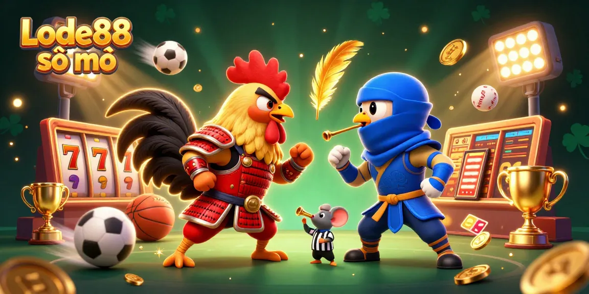 Lode88 sổ mơ showcases a dynamic standoff between samurai and ninja roosters in a vibrant casino scene.