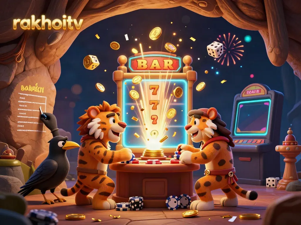 Experience dynamic gaming at rakhoitv with a lively prehistoric casino scene featuring a caveman duo and vibrant animations.