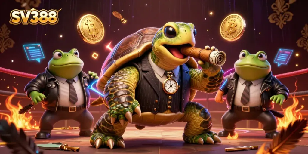 SV388 cockfighting scene featuring a cartoon snapping turtle and bullfrog enforcers in a vibrant arena setting.
