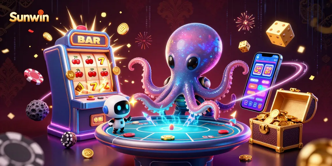 Engage with Sunwin's thrilling gaming world in this vibrant 3D illustration depicting an alien octopus and its robot friend at a lively holographic poker table.