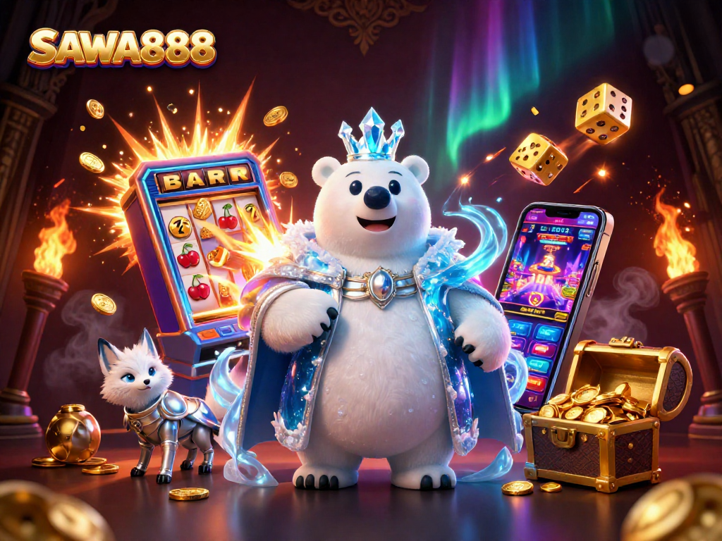 Experience exciting wins with SAWA888, featuring a majestic ice king and fox amid vibrant casino elements.