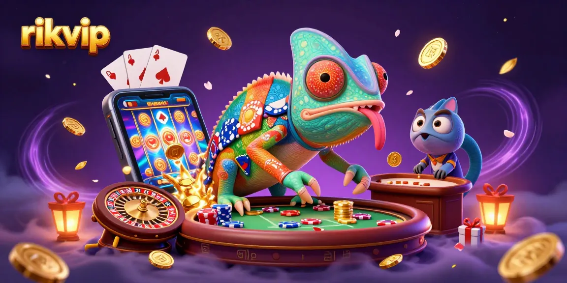 Engage in thrilling games at rikvip with chameleon casino owner surrounded by vibrant slot and poker elements.