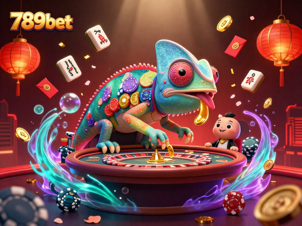 Experience 789bet's thrilling casino atmosphere with an enchanting chameleon and vibrant gaming elements.