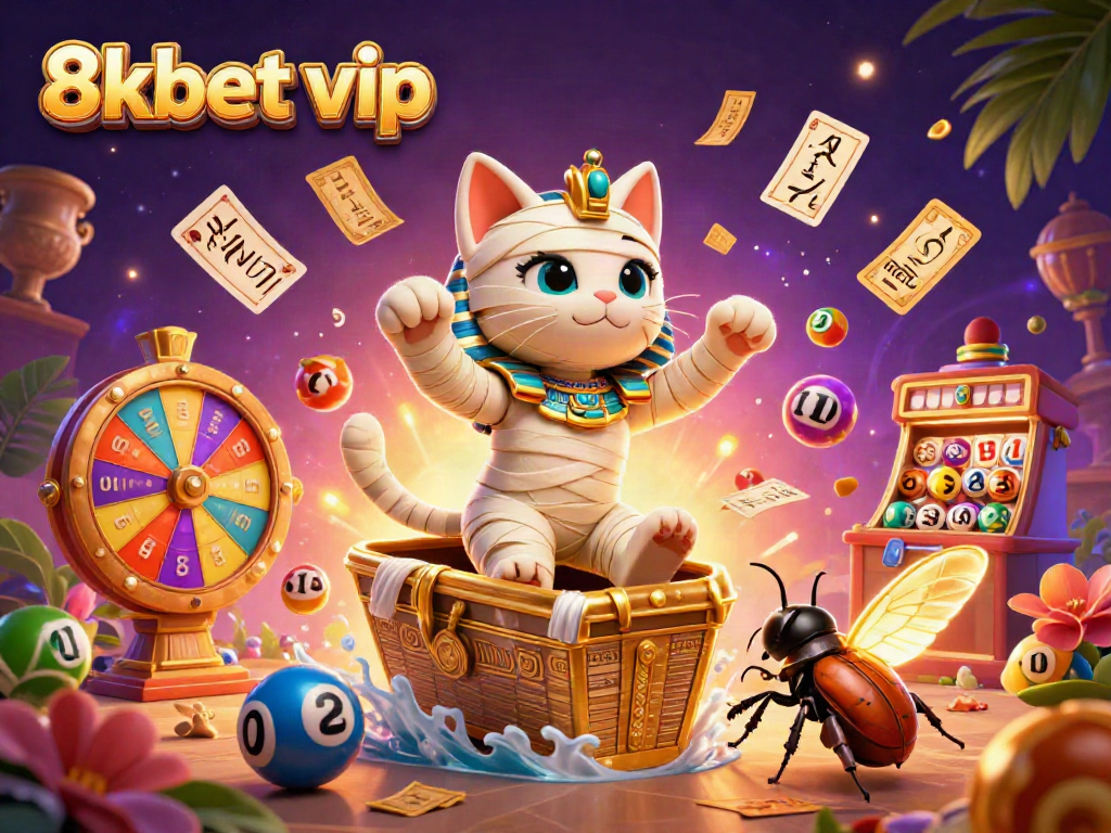 A lively 3D illustration of 8kbet vip gaming experience with a mummy cat and vibrant casino elements in a pyramid.