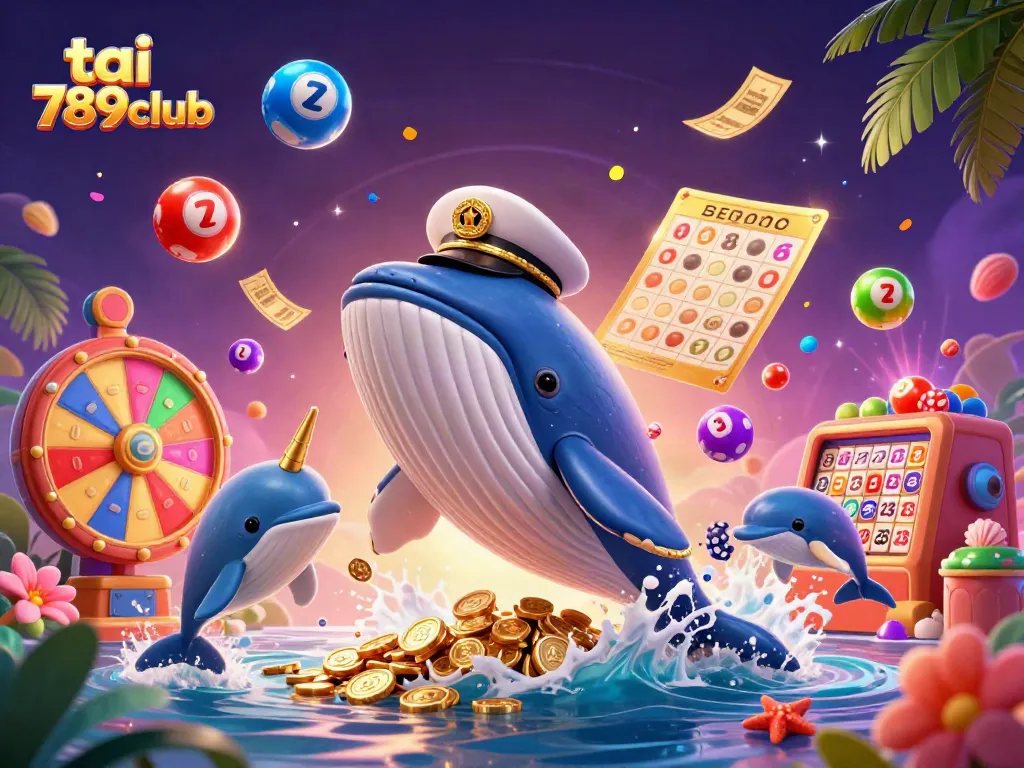 Experience the thrill of tai 789club with a 3D whale, narwhal, and dolphins amidst vibrant casino elements.