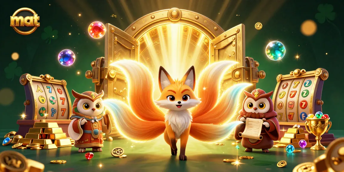 Engage with mat, a mesmerizing 3D scene showcasing a colorful fox spirit and lucky elements in a casino atmosphere.