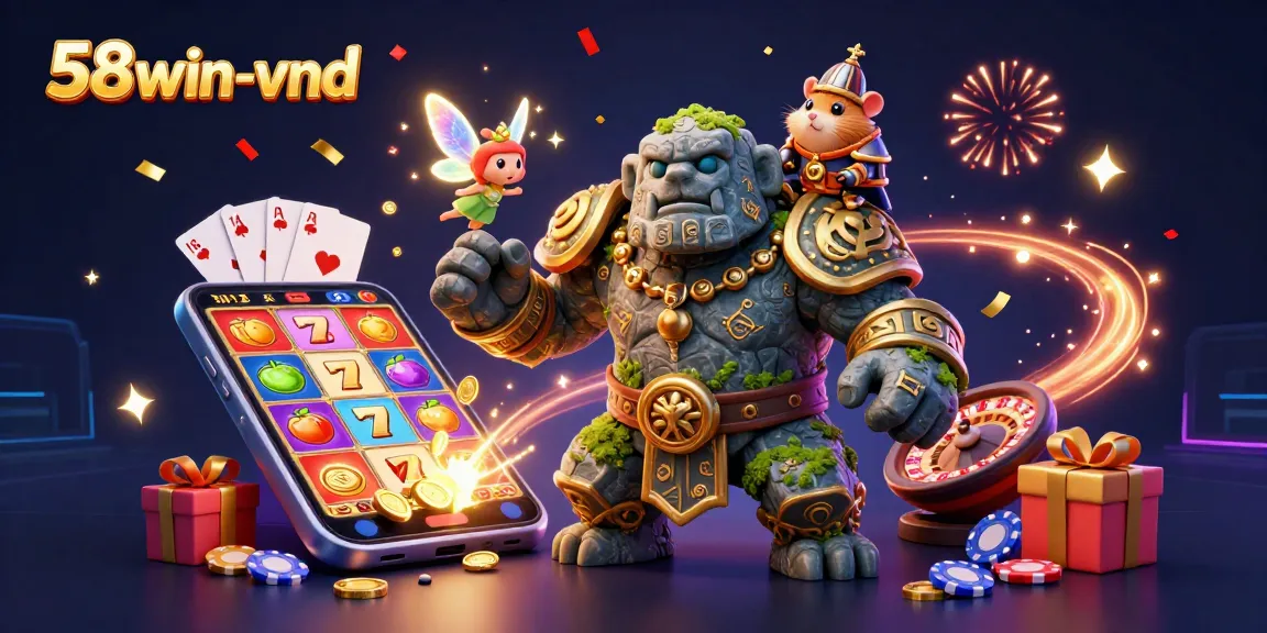 Engage with 58win-vnd as the ancient golem plays colorful slots amidst magical sparks and knightly valor.