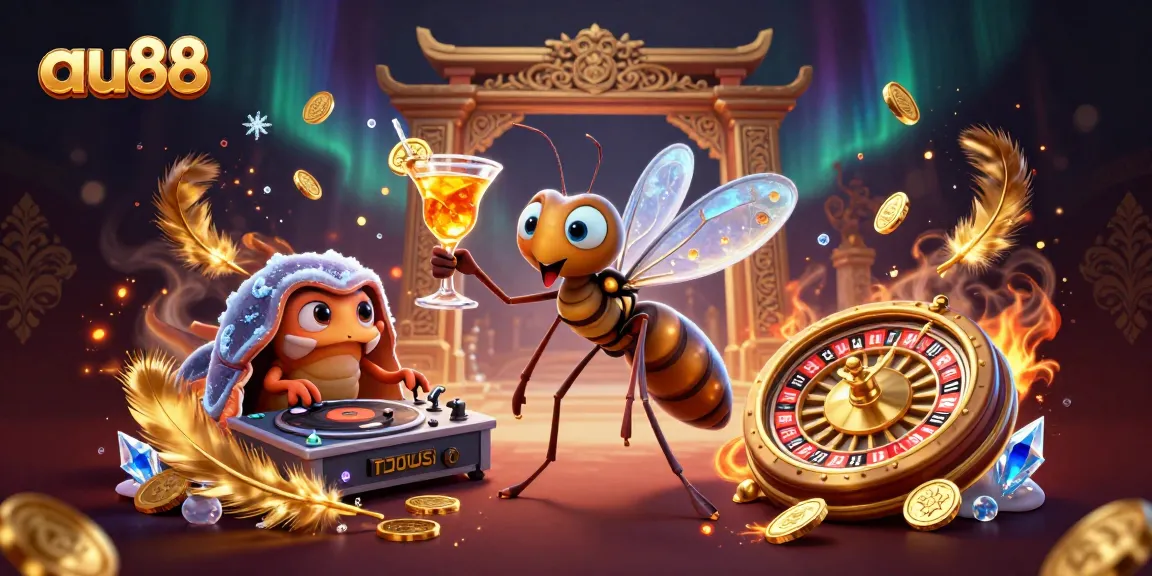 Experience the thrill of AU88 with a vibrant 3D casino illustration of a mosquito mascot, a trilobite DJ, and a stunning roulette wheel.