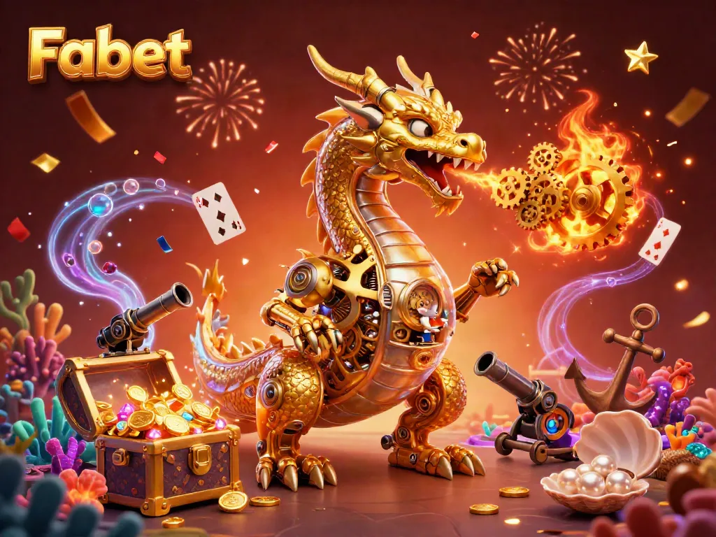 Experience the thrill of Fabet's casino games with a golden dragon and vibrant treasures.
