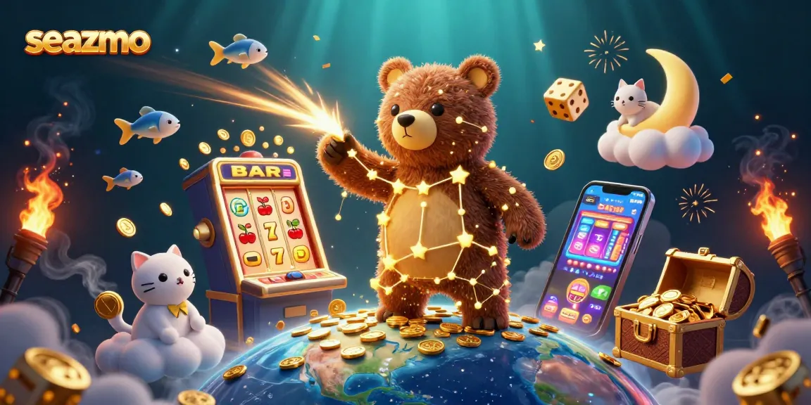 Experience exciting gaming at seazmo with a jackpotted slot machine spraying coins and vibrant characters.