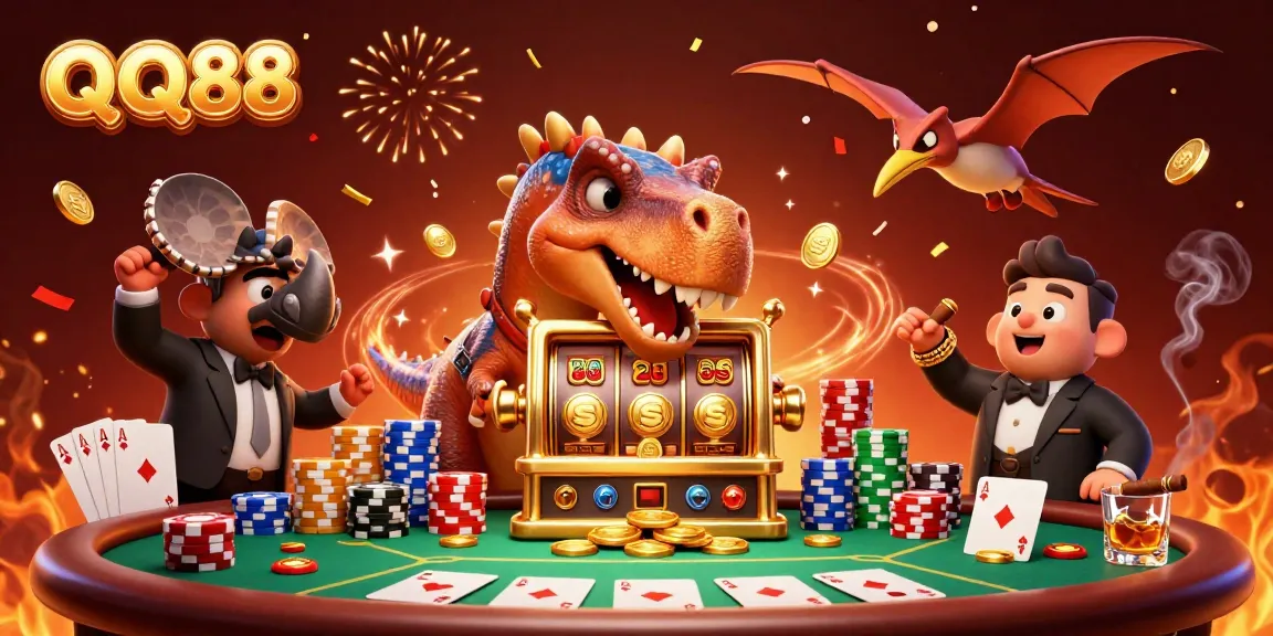 Experience QQ88 excitement as a cartoon pachycephalosaurus celebrates jackpots at a vibrant casino scene.