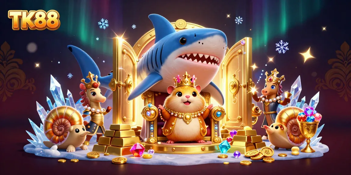 Experience excitement at TK88 with a golden hamster king and treasure in a vibrant casino scene.