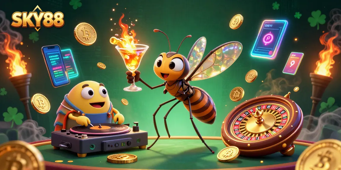 Engaging illustration of SKY88 showing gambling excitement with unique characters and digital currency elements.
