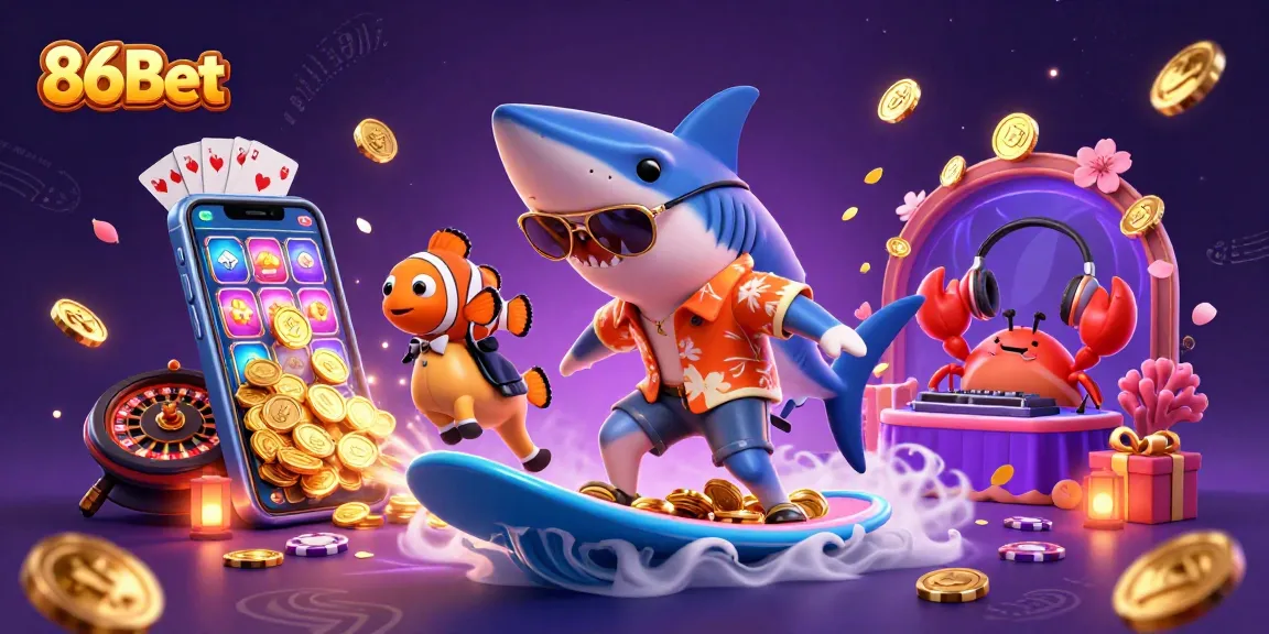 Surf the waves with 86Bet's fortune: a vibrant 3D casino scene bursting with excitement!