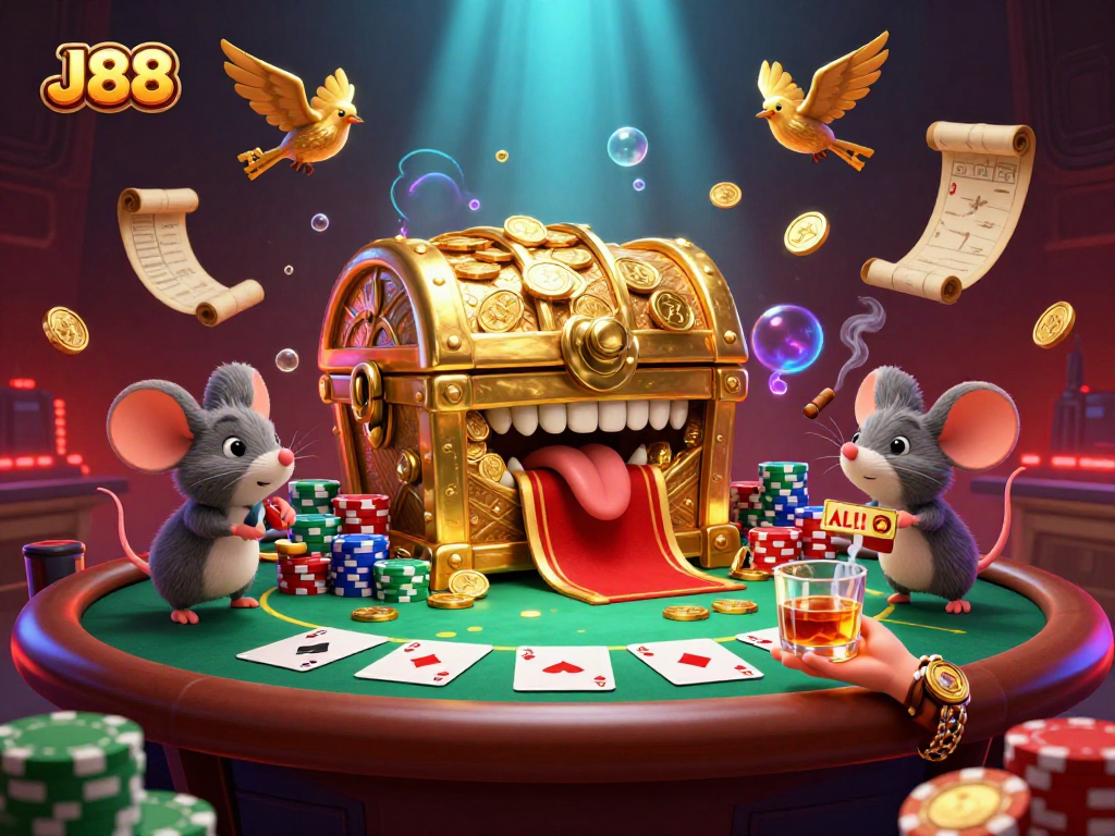 Experience the thrill of J88's adventurous gaming with a golden treasure chest and poker action.
