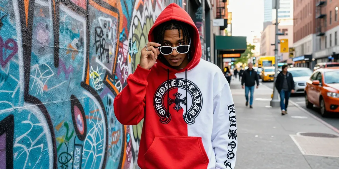 Stylish individual showcasing Chrome Hearts hoodie and sunglasses against urban graffiti backdrop.