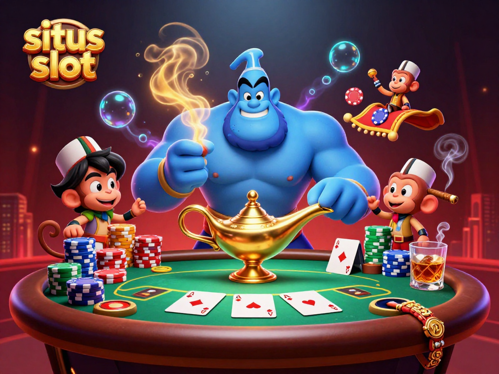 Experience the excitement of situs slot with a blue genie, poker elements, and gold smoke.