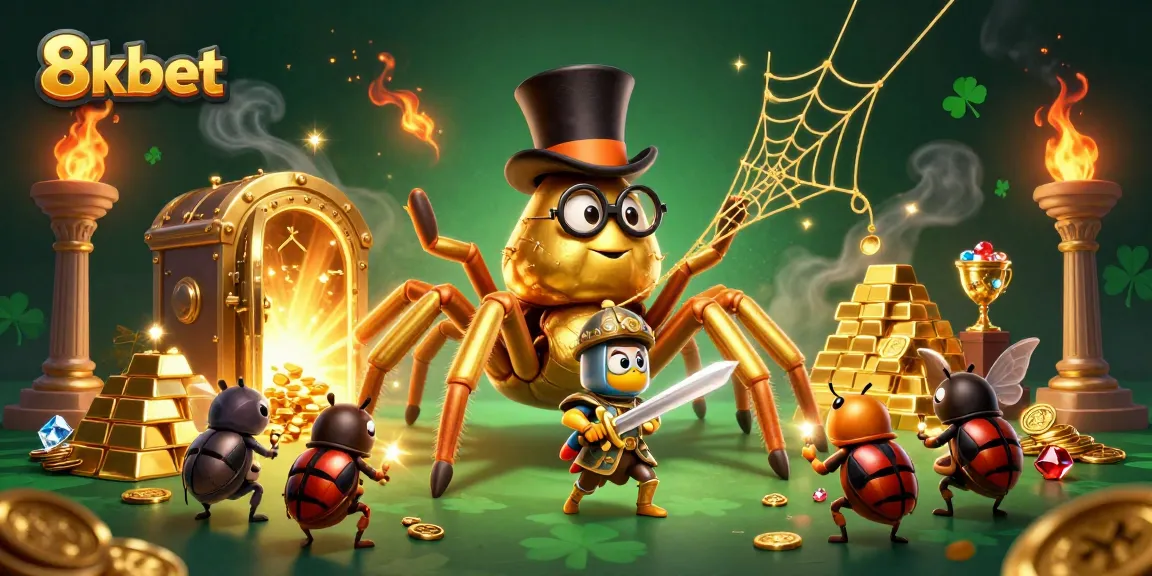 8xbet showcases dynamic scenes with a giant golden tarantula weaving treasures revealing a vibrant casino atmosphere.