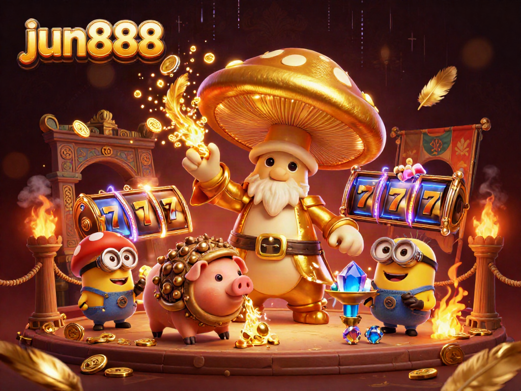 Engage in thrilling gameplay with jun888 in a vibrant 3D magical casino scene.
