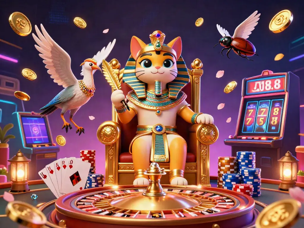 Experience JUN88: 3D illustration of an Egyptian pharaoh cat in a casino bursting with golden coins and vibrant roulette.