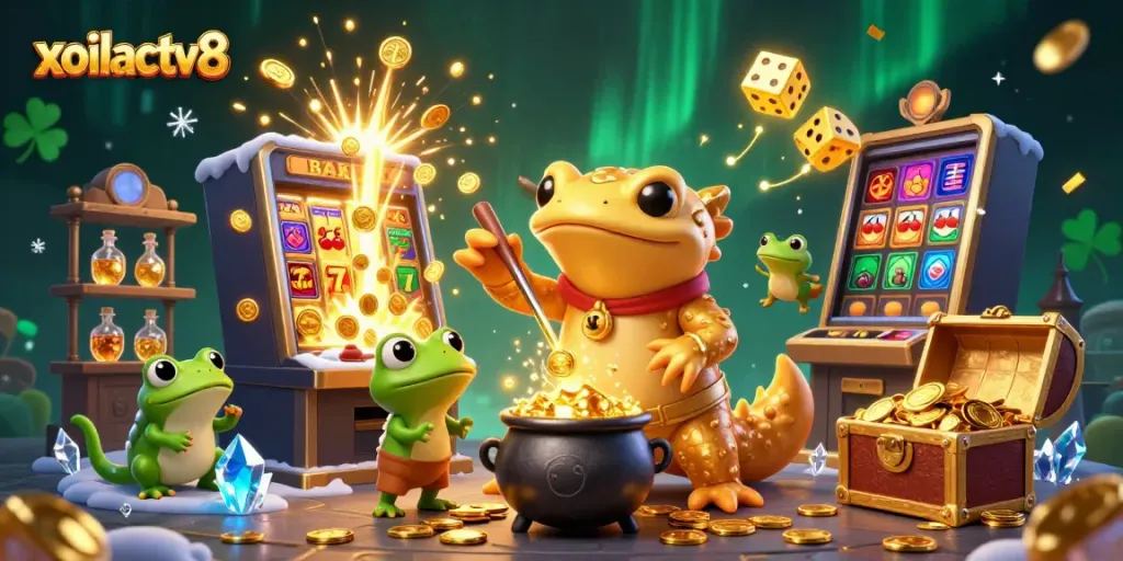 Experience the magic of xoilactv8 with animated characters transmuting gold and vibrant casino elements.