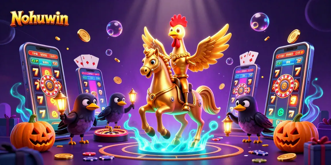 Nohuwin showcases thrilling slot action with golden rooster and vibrant casino elements.