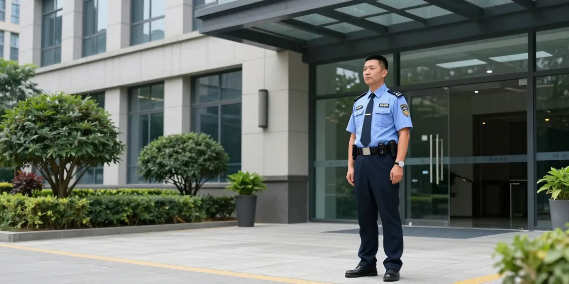 “Corporate Security guard monitoring the entrance of a modern building, providing trusted local services.”