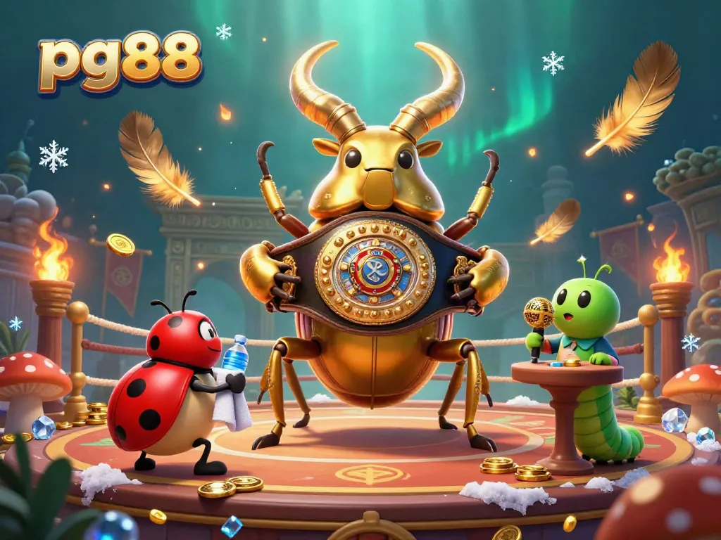Engage in the exciting pg88 casino scene featuring a golden stag beetle champion surrounded by dynamic gambling elements.