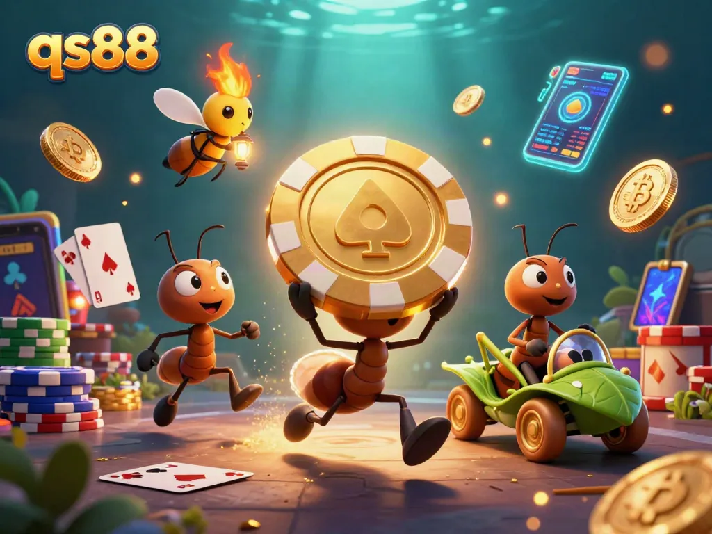 Engage in the q88 poker chip heist with cartoon ants and crypto elements in a vibrant casino world.