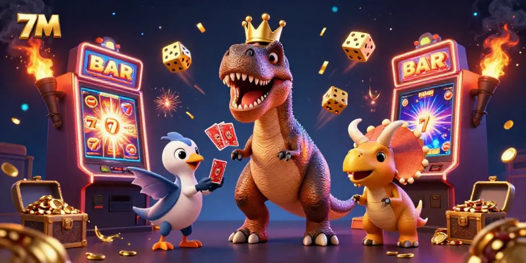 Engaging scene with 7M-themed T-Rex shuffling cards, pterodactyl assisting, and triceratops stacking chips in vibrant casino.