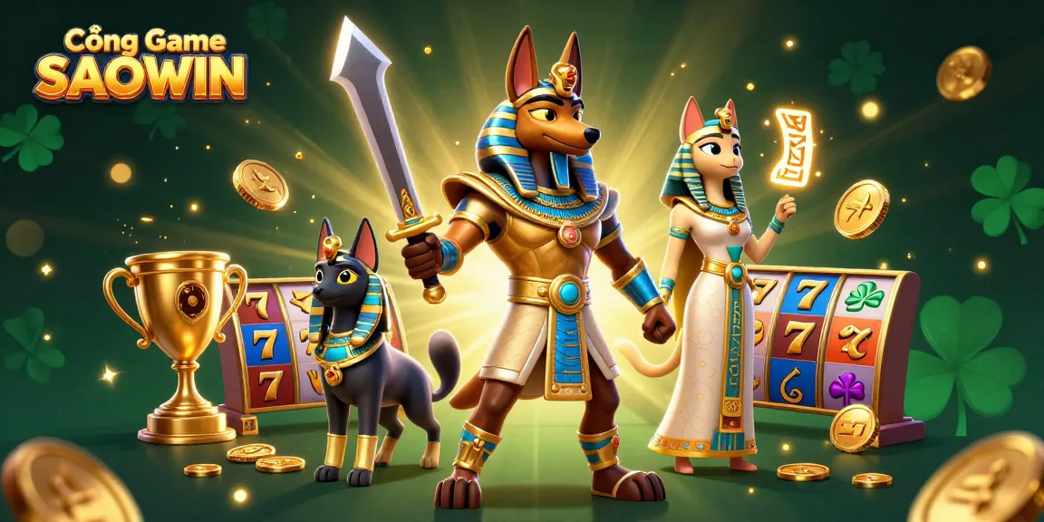 Cổng Game SAOWIN showcases an illustrated scene with Anubis and Bastet amidst dynamic casino elements for an engaging experience.