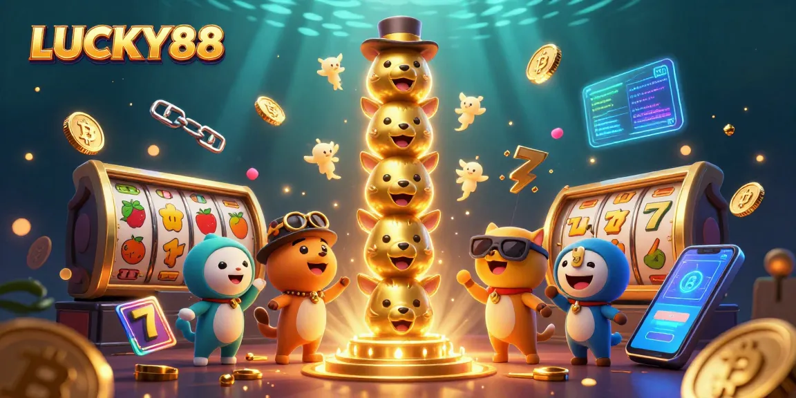 Spin to win with LUCKY88, featuring vibrant slot symbols and lucky totem in a rich 3D casino scene.