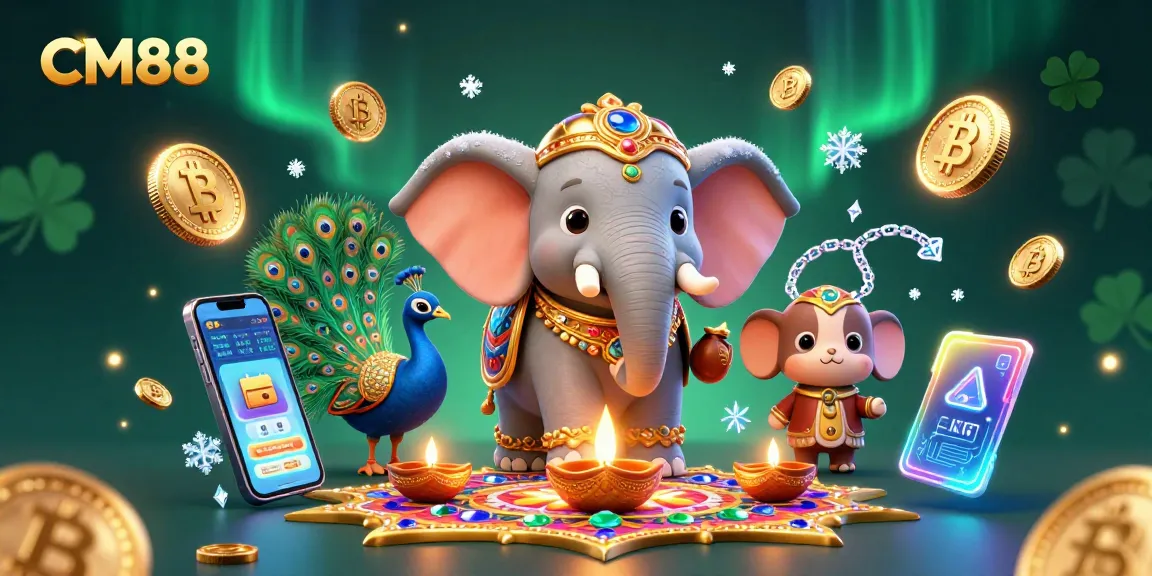 CM88 presents a vibrant casino scene with an elephant and peacock amidst digital gaming elements.