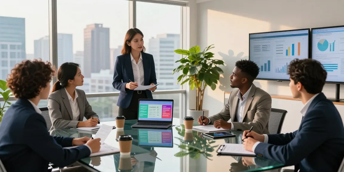 Team discussing business telephone plans in a modern office setting, with visuals and collaborative atmosphere.